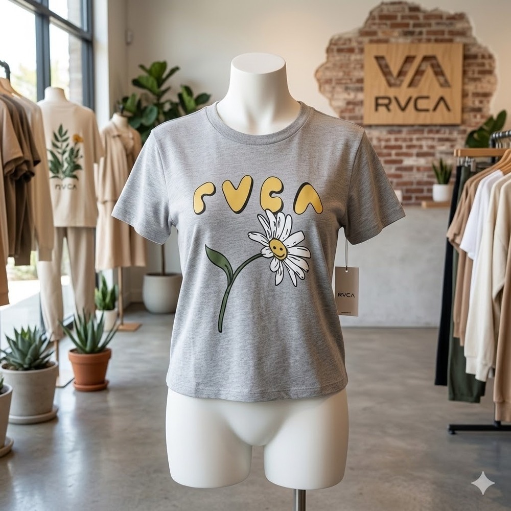 NWOT RVCA Graphic T-Shirt XL Gray Daisy Flower Smiley Face Short Sleeve Tee